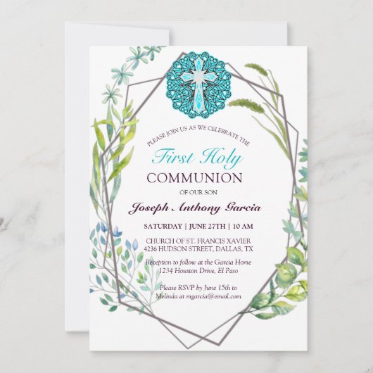 Blue Cross Spring Floral First Heilige Communie Kaart (Voorkant)