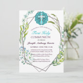 Blue Cross Spring Floral First Heilige Communie Kaart (Staand voorkant)