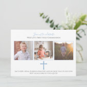 Blue Cross Tri Foto Modern First Commune Kaart (Staand voorkant)