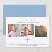 Blue Cross Tri Foto Modern First Commune Kaart (Voorkant / Achterkant)