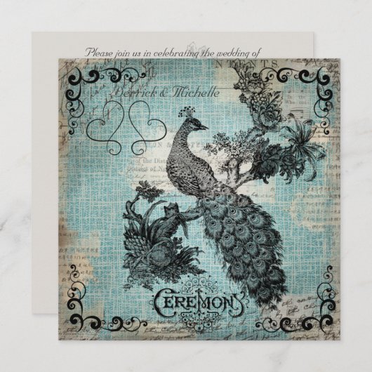 Blue Crosshatched Peacock Wedding Invitation Kaart (Voorkant / Achterkant)