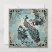 Blue Crosshatched Peacock Wedding Invitation Kaart (Voorkant)
