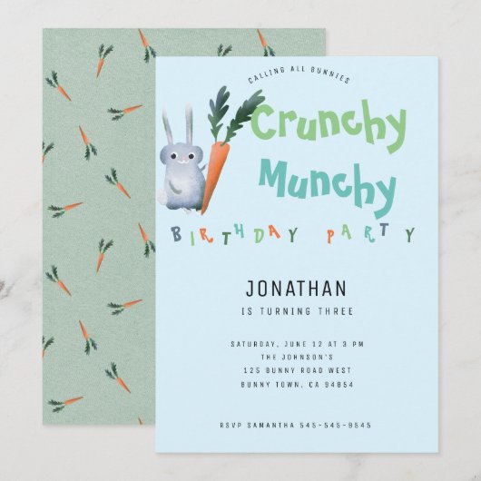 Blue Crunchy Munchy Bunny Birthday Party Cute Boy Kaart (Voorkant / Achterkant)