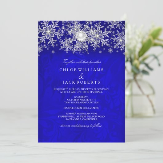 Blue Crystal Pearl Snowflake Silver Winter Wedding Kaart (Staand voorkant)