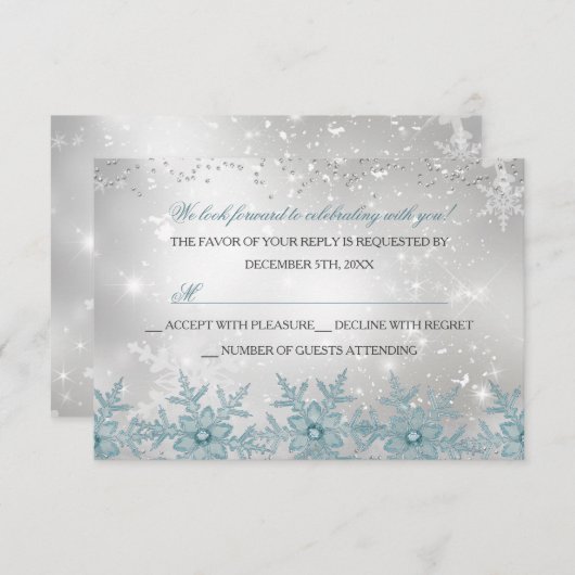 Blue Crystal Snowflake Kerstfeest RSVP (Voorkant / Achterkant)