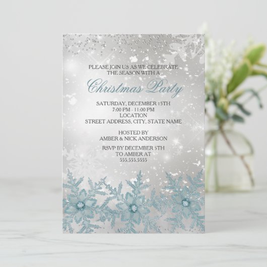 Blue Crystal Snowflake-kerstfeest Uitnodiging (Staand voorkant)