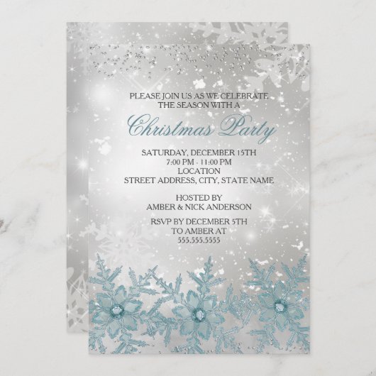 Blue Crystal Snowflake-kerstfeest Uitnodiging (Voorkant / Achterkant)