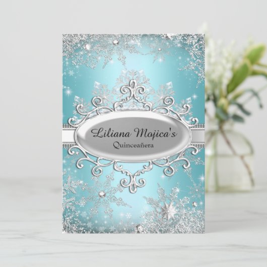 Blue Crystal Snowflake Princess Quinceanera Kaart (Staand voorkant)