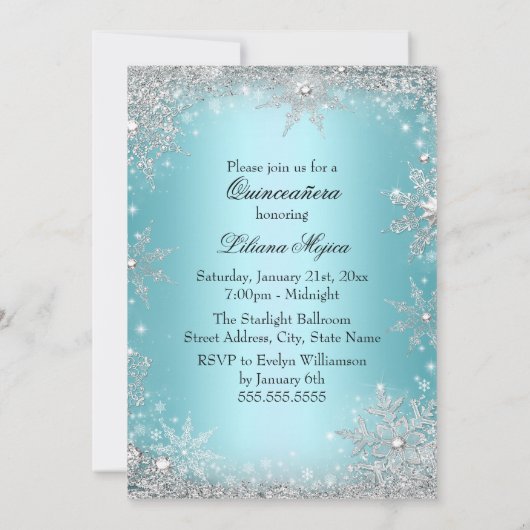 Blue Crystal Snowflake Princess Quinceanera Kaart (Achterkant)