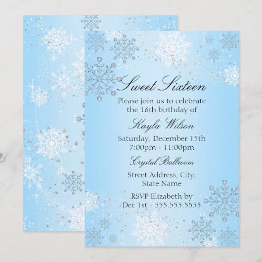 Blue Crystal Snowflake Winter Wonderland Sweet 16 Kaart (Voorkant / Achterkant)