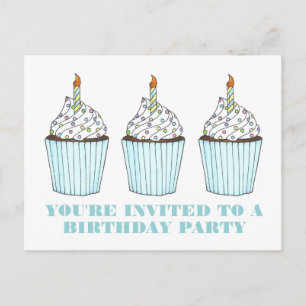 Blue Cupcake Candle Birthday Party Invitation Uitnodiging Briefkaart