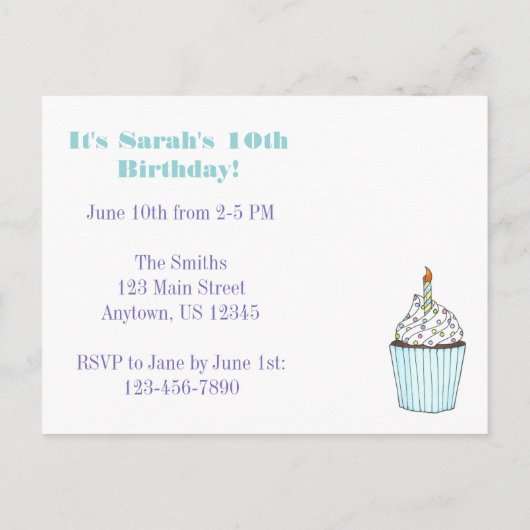 Blue Cupcake Candle Birthday Party Invitation Uitnodiging Briefkaart (Achterkant)