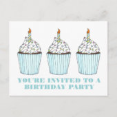 Blue Cupcake Candle Birthday Party Invitation Uitnodiging Briefkaart (Voorkant)