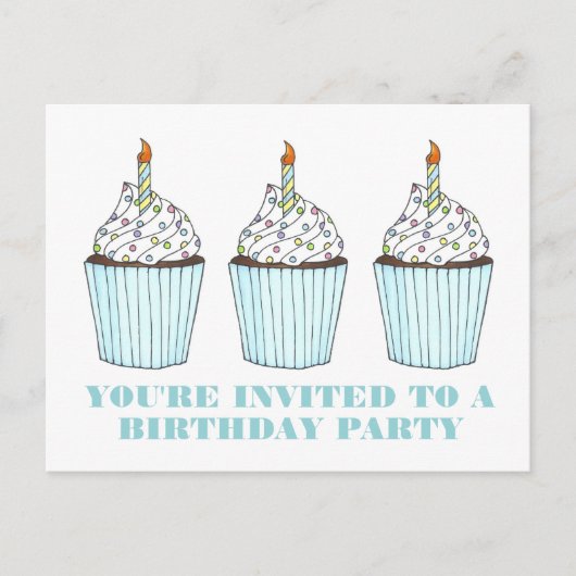 Blue Cupcake Candle Birthday Party Invitation Uitnodiging Briefkaart (Voorkant)