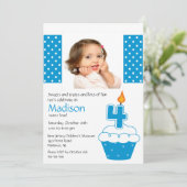 Blue Cupcake Foto 4th Birthday Invitation Kaart (Staand voorkant)
