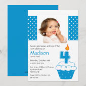 Blue Cupcake Foto 4th Birthday Invitation Kaart (Voorkant / Achterkant)