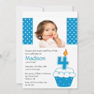 Blue Cupcake Foto 4th Birthday Invitation Kaart
