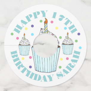 Blue Cupcake Sprinkles Birthday Party Candle Cake Wijnglaslabel