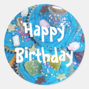 Blue Cupcakes 'Happy Birthday' witte sticker