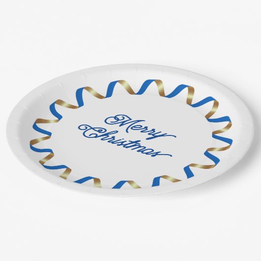 Blue Curly Ribbon Lijst Kerstpapier Bord (Gekanteld)
