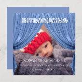Blue Curtain Inleiding Geboorteaankondiging Kaart (Voorkant / Achterkant)
