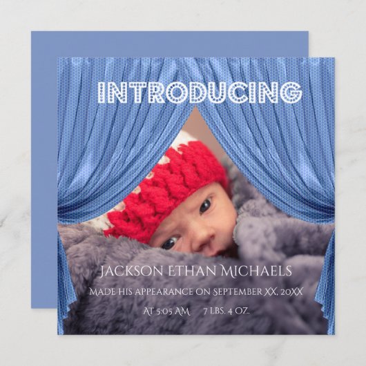 Blue Curtain Inleiding Geboorteaankondiging Kaart (Voorkant / Achterkant)