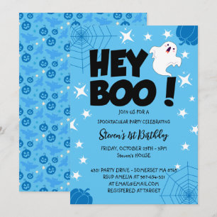 Blue Custom Halloween 1st Birthday party, Hey Boo Kaart