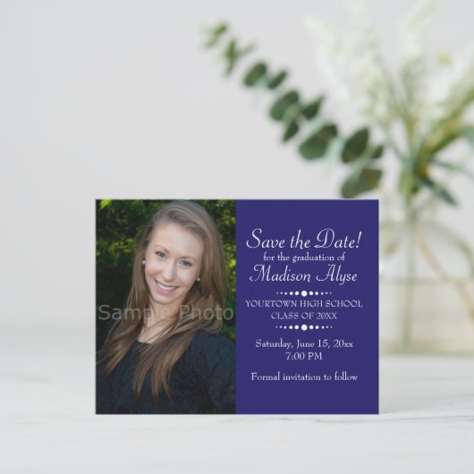 Blue Custom Photo Afstuderen Save the Date Briefkaart (Staand voorkant)