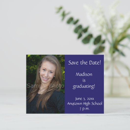 Blue Custom Photo Afstuderen Save the Date Kaart (Staand voorkant)