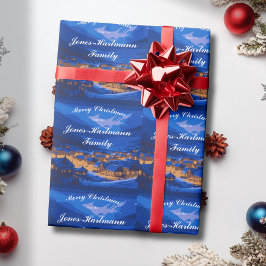 Blue Custom Winter Village Kerstmis Cadeaupapier