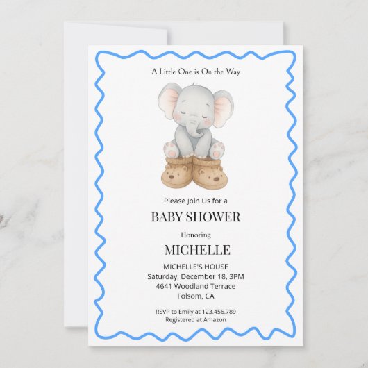 Blue Cute Baby Elephant Baby Shower Invitation  Kaart (Voorkant)