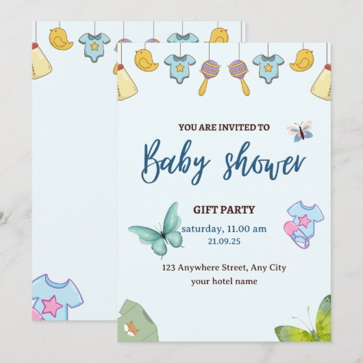 Blue Cute Baby shower Invitation Kaart (Voorkant / Achterkant)