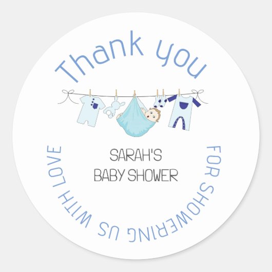 Blue Cute Clothesline Baby shower Hartelijk dank Ronde Sticker (Voorkant)