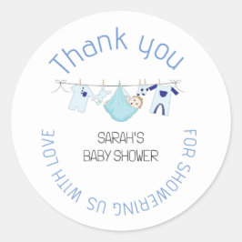 Blue Cute Clothesline Baby shower Hartelijk dank Ronde Sticker