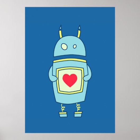 Blue Cute Clumsy Robot met hart Poster (Voorkant)