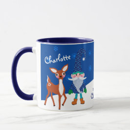 Blue Cute Deer en Gnome Persoonlijke Kerstmis Mok