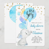 Blue Cute Elephant Baby Boy Showballon Kaart (Voorkant / Achterkant)