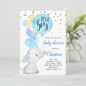 Blue Cute Elephant Baby Boy Showballon Kaart (Staand voorkant)