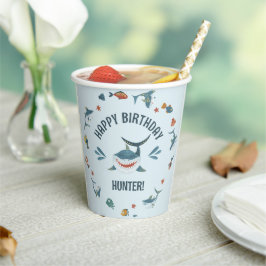 Blue Cute Funny Shark Birthday Party Papieren Bekers