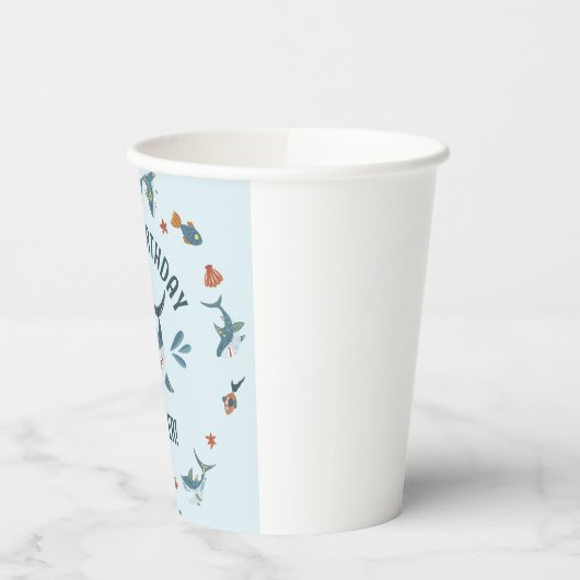 Blue Cute Funny Shark Birthday Party Papieren Bekers (Links)