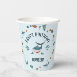 Blue Cute Funny Shark Birthday Party Papieren Bekers