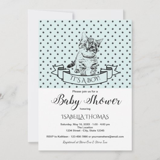Blue Cute Kitten Baby shower Invitation Kaart (Voorkant)