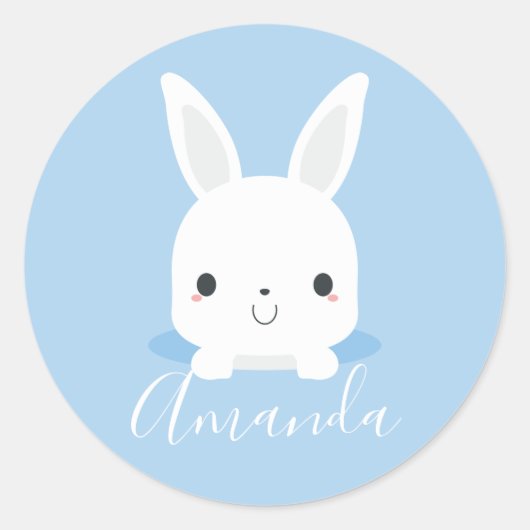 Blue Cute Little Bunny Rabbit met aangepaste naam Ronde Sticker (Voorkant)