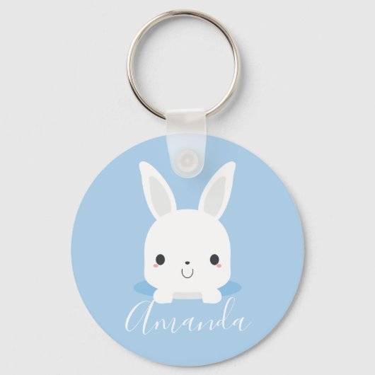 Blue Cute Little Bunny Rabbit met aangepaste naam Sleutelhanger (Voorkant)