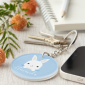 Blue Cute Little Bunny Rabbit met aangepaste naam Sleutelhanger (Voorkant Rechts)