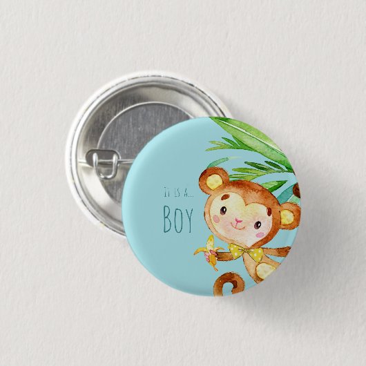 Blue Cute Monkey Baby Boy Announcement 2 Ronde Button 3,2 Cm (Voorkant /achterkant)
