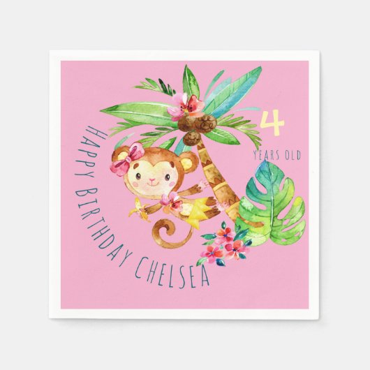 Blue Cute Monkey Personalized Happy Birthday Servet (Voorkant)