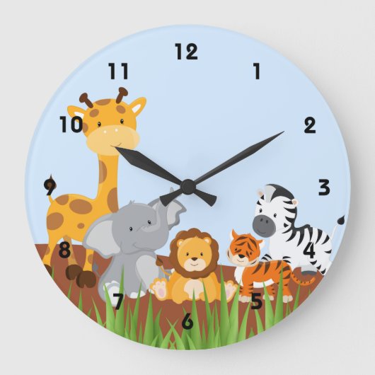 Blue Cute Oerwoud Baby Animals Wall Clocks Grote Klok (Voorkant)