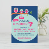 Blue Cute Owl Polka Dots Birthday Invitation Kaart (Staand voorkant)
