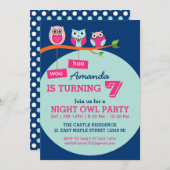 Blue Cute Owl Polka Dots Birthday Invitation Kaart (Voorkant / Achterkant)